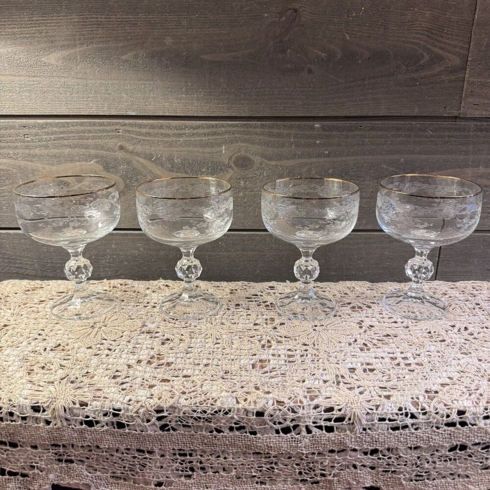 Vintage Bohemia Glass Etched Champagne Glasses Gold Rim Set Of 4